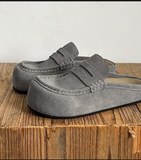 Minimalist Men Suede Leather Platform Mules Penny Loafer Round Toe Chunky Sole Slip on Casual Elegant Backless Loafers Cream