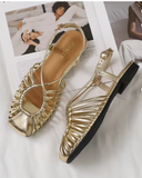 Gold Metallic Caged Flat Sandals for Women Closed Toe Strappy Slingback Summer Shoes with Buckle Ankle Strap