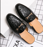 Elegant Men Slip on Flat Mules PU Leather White Embossed Vamp Metal Buckle Decor Closed Toe Slippers for Party Date Daily Use