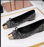 Black White Tweed Bow Ballet Flats Pumps Metallic Gold Square Toe for Women