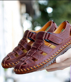 Premium Handcrafted Men's Roman Style Leather Sandals Adjustable Hook & Loop Flat Leather Sandals