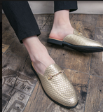 Men Quilted Backless Loafer Slip on Gold Metal Accent Horsebit Detail Cushioned Insole Breathable Lining Slides Slippers for Men
