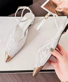 Lace Sandali Donna Femme 2026 New Elegant Women's Lace Metal Toe Cap Ankle Strap Casual Pointed Toe Flat Sandals