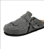 Men Suede Leather Mules With Cork Foot Bed and Adjustable Buckle Strap Unique Stitching Design Comfortable Slip-On Shoes