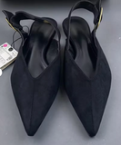 Women Black Faux Suede Flat Mules Pointed Toe V Neck Vamp Adjustable Back Slingback Strap Minimalist Casual Slip on Shoes
