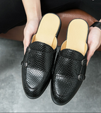Size 38-47 Closed Toe Men Mules PU Leather Monk Strap Design Backless Half Loafers Men Home Slippers