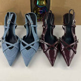 New Arrival: Women's Blue Denim High-Heel Mule Sandals, British Style Cross-Strap Backless Slip-On Shoes