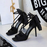 New Hot Black Open Toe High Heels Back Bow Ankle Strap Sexy Stiletto Sandals Evening Party Sandals