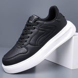 Men Fashion Sneakers Black White Leather Casual Shoes Daily Wear Perforated Walking Footwear Versatile Low Top Platform Shoes