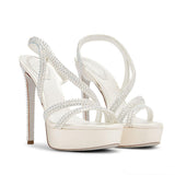 Women Black Platform Sandals Rhinestone Strappy High Heels Sparkly Stiletto Pumps Sexy Open Toe Evening Party Dress Shoes