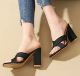 Beige Elastic Knit Criss Cross Mule Square Toe Block Heel Comfort Slip on Designer Office Wear Women Slippers