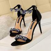 Chaussure Dame Green Rhinestone New Trendy 2025 Stiletto High Women Sexy and Elegant Summer Heels