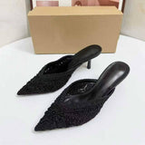 Ladies Handmade Crochet Upper Beaded Embellished Kitten Heel Mules Pointed Toe Backless Pumps Quality Women Sandals