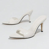 Women's Pointed-Toe Sexy Stone-Patterned One-Strap Stiletto Sandals Stylish White High Heels Shoes