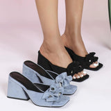Women's Blue Faux Suede Chunky Wedge Heel Sandals With Bow Decor Open Toe Mule Style for Casual Daily Commute Occasions