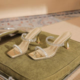 Luxury Rhinestone Open Toe Slipper Mules Low Latest Ladies Heels for Women Shoes