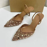 Women's Apricot Beaded Embellished Mesh Slingback Pointed-Toe Ladies Sexy Stiletto Mule Sandals