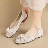Large Size Rhinestone Luxury Slip on Bow Loafers Office Lady Moccasins Sepatu Flat Shoes for Women