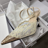 Women's Elegant Black Pink Lace Stiletto Heels Pointed Toe Ankle Strap Metallic Cap Party Wedding Pumps