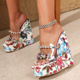 Kadin Sandalet Women Peep Toe Rhinestone Transparent Strap Platform Sandals Floral Embroidery Wedge Heels
