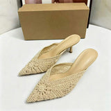 Lace Embroidered Pointed Toe Mules for Women Soft Backless Slip on Flats for Party and Daily Wear Ladies Sexy Heeled Sandals