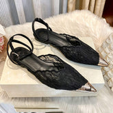Elegant Floral Lace Women Flats Heeled Pointed Toe Gold Tip Ankle Strap Shoes for Wedding Party Comfortable Mesh Summer Footwear