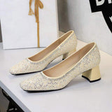 Women's Shoes 2025 New Sequins Rhinestones Square Toe Thick Heel Elegant Temperament Heels