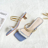 China Vendor Ladies Footwear Pearl Sandals Low Shoes Stiletto Women Heels 2025