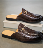 Men Backless Mule Loafers With Woven Pattern PU Leather Upper and Metal Buckle Daily Wear and Business Occasions