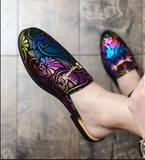 Colorful Printed Synthetic Leather Flat Mules With Metal Buckle Detail Casual Slip on Shoes for Daily Wear Outdoor Outings