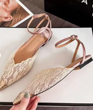 Lace Sandali Donna Femme 2026 New Elegant Women's Lace Metal Toe Cap Ankle Strap Casual Pointed Toe Flat Sandals
