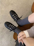 Genuine Cow Leather Women Flats Vintage Oxford Shoes Round Toe Lace up Pigskin Lining Beef Tendon Sole Daily Walking Shoes