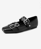 Vintage Women Mary Jane Flats Genuine Cowhide Leather Square Toe Triple Buckle Strap Shoes Comfortable Daily Walking Flat