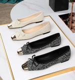 Black White Tweed Bow Ballet Flats Pumps Metallic Gold Square Toe for Women