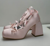 Women's Crisscross Strappy Block High Heels Shoes Quality Top Grade Satin Materials Ballet High Heel Sandals