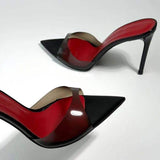 Sandalia Salto Feminina Transparent PVC Pointed Toe Mules High Heels Stiletto Red Insole Slip-on Sandals Heels