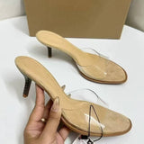 Summer Women's Stiletto Heeled Mules - Open Back Clear Strap Slip-onwith Lucite Heel Sandals