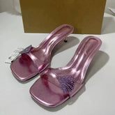 Women's Square-toe Stiletto Sandals with Shell-shaped Shiny Buckle Decoration Sexy Elegant Purple Ladies Sandals