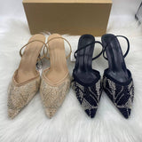 Quality Pointed-Toe Mesh Embroidered Beaded Mules - Women's High-Heel Ankle Strap Sandals