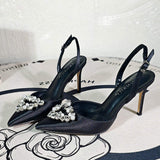 Elegant White Satin Pointed Toe Slingback Sparkling Crystal Heart Buckle and Adjustable Ankle Straps Heels for Women