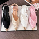 Elegant Floral Lace Women Flats Heeled Pointed Toe Gold Tip Ankle Strap Shoes for Wedding Party Comfortable Mesh Summer Footwear