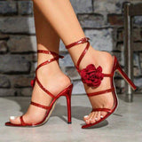 New Style Red Rose Single-Strap Sandals - Summer Sexy High-Heel Shoes with Leg-Lengthening Effect & Elegant Ladies Shoes
