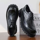 Thick Sole Height Increasing 4cm Good Quality Brogue Pattern Loafers Round Toe Lace up Durable Men Chunky Dress Shoes