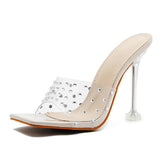 Tacones De Mujer Bling Transparent PVC Rhinestone Peep Toe High Heel Mule Clear Acrylic Stiletto Sandals