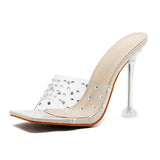 Tacones De Mujer Bling Transparent PVC Rhinestone Peep Toe High Heel Mule Clear Acrylic Stiletto Sandals