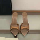 Sexy Leopard Print Slippers Mules Women Rhinestones Sandals Stiletto Sandals Party Night Club Heels