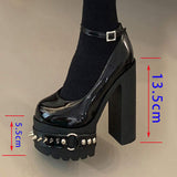 11cm High Platform Riveted Punk Large Patent Leather Women's Shoes Coarse Round Toe Size 43 Fashion Heels
