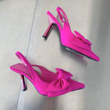 Satin Cloth Pink Bow Talon High Quality Slingback Pumps Fashion Elegant Female Shoes Ladies Heels for Women