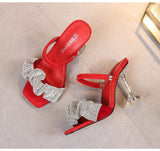Zandalias Women Two Ways of Wearing 34-46 Glitter Rhinestone Talon Femmes Summer Slippers Sandal Shoes Square Toe Mules Heels