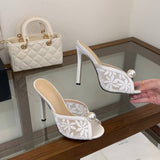 Luxury Mesh 2026 High Heel Mules Slip on Designer Easy Wear Stylish Sophisticated Pearl Wedding Heels